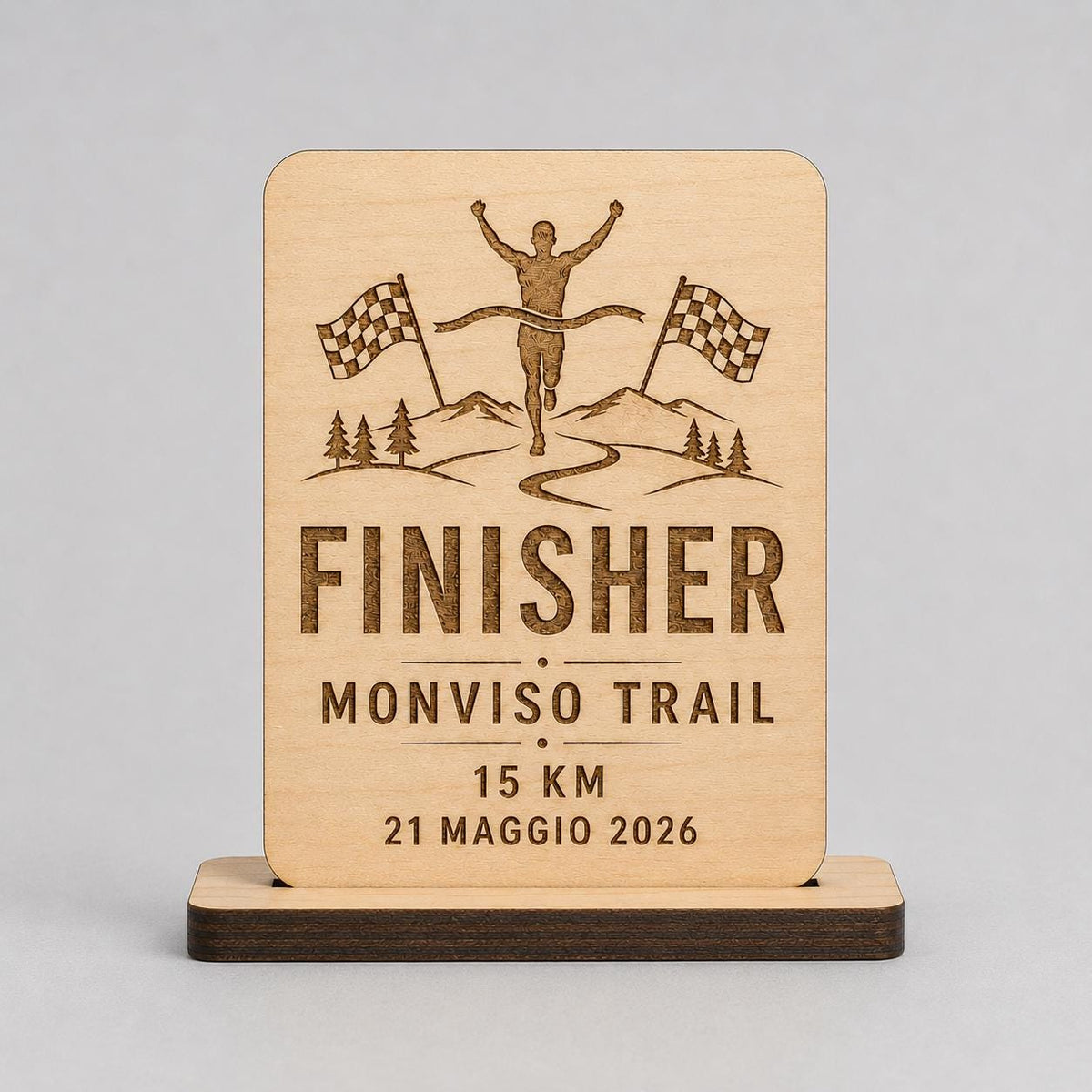 Trofeo Finisher rettangolare Legno Personalizzato Gara Sportiva Corsa Trail | Premio Maratona Ciclismo Ecologico, Targa Podismo Incisa Laser