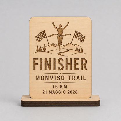 Trofeo Finisher rettangolare Legno Personalizzato Gara Sportiva Corsa Trail | Premio Maratona Ciclismo Ecologico, Targa Podismo Incisa Laser