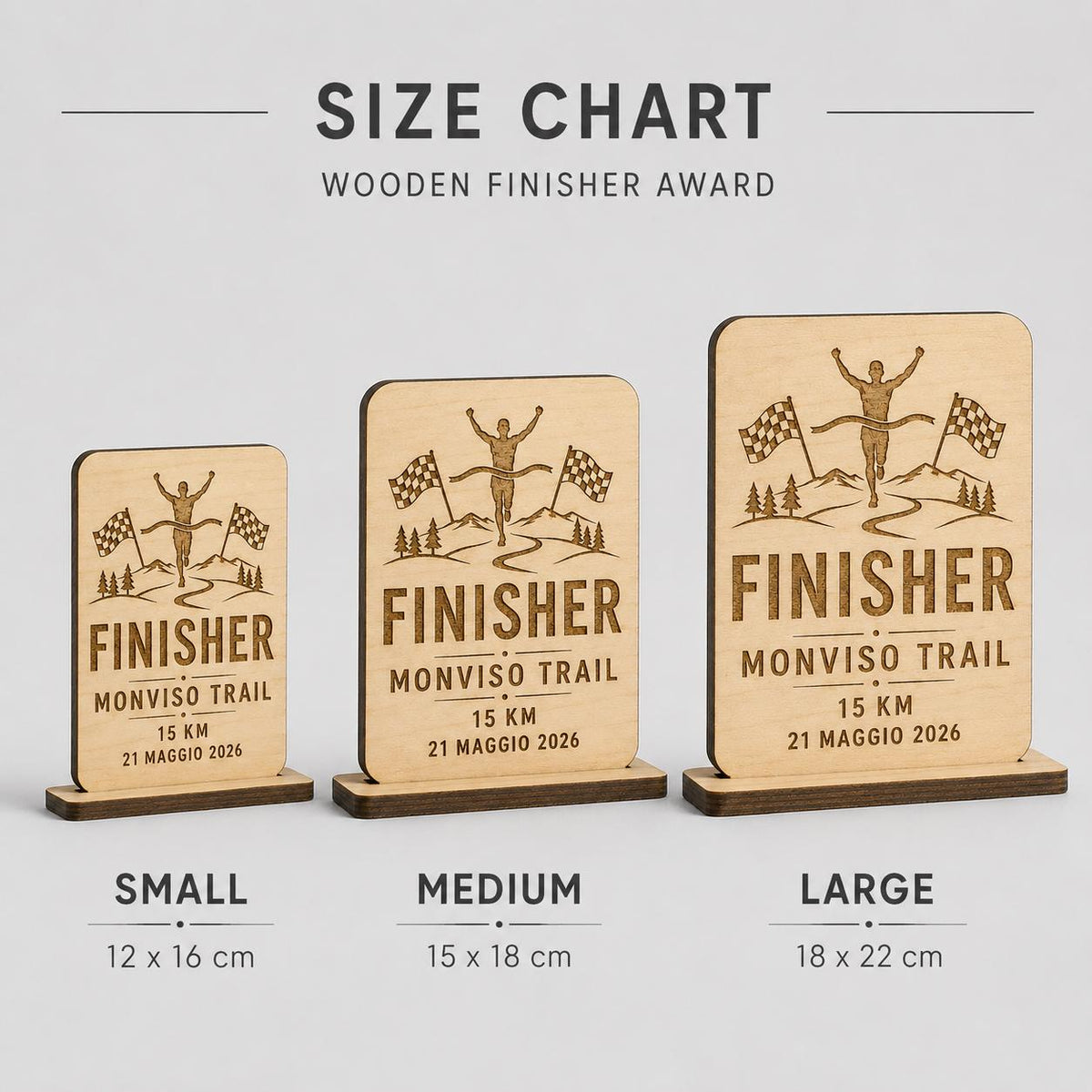 Trofeo Finisher rettangolare Legno Personalizzato Gara Sportiva Corsa Trail | Premio Maratona Ciclismo Ecologico, Targa Podismo Incisa Laser