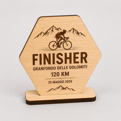 Trofeo Finisher esagonale Legno Personalizzato Gara Sportiva Corsa Trail | Premio Maratona budget Ecologico, Targa economica Incisa Laser