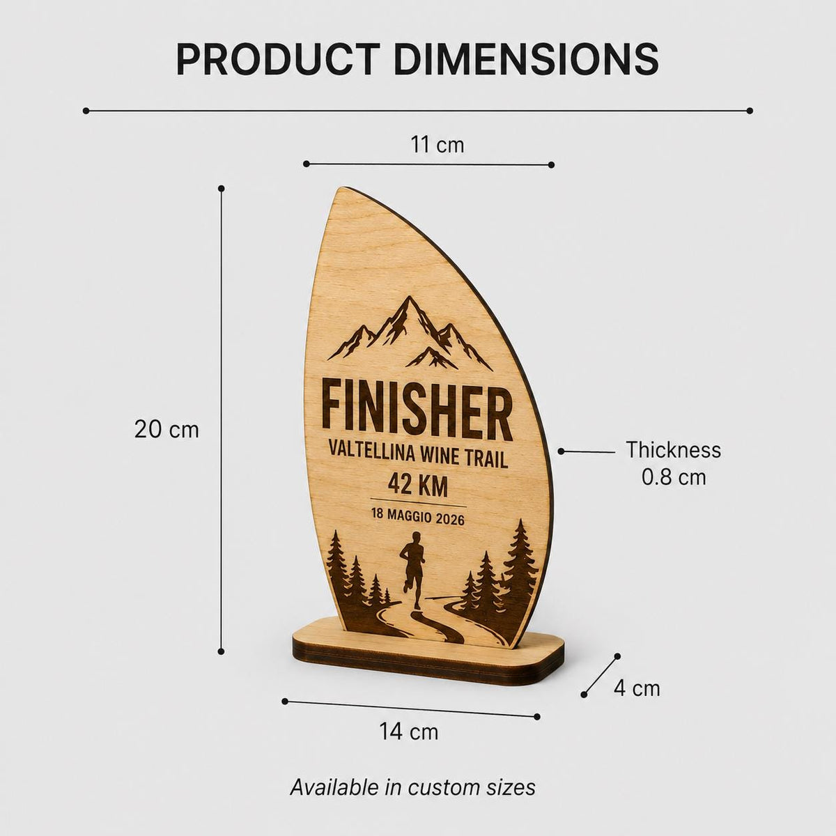 Trofeo Finisher onda Legno Personalizzato Gara Sportiva Corsa Trail | Premio Maratona budget Ecologico, Targa economica Incisa Laser