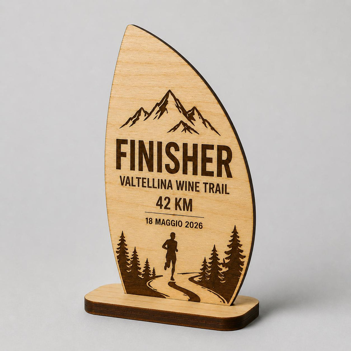 Trofeo Finisher onda Legno Personalizzato Gara Sportiva Corsa Trail | Premio Maratona budget Ecologico, Targa economica Incisa Laser