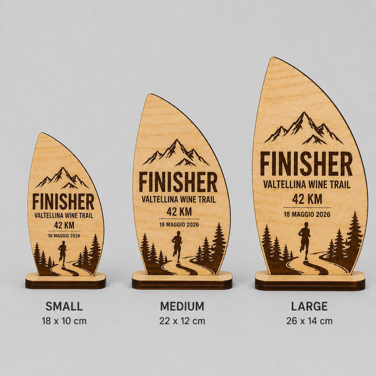 Trofeo Finisher onda Legno Personalizzato Gara Sportiva Corsa Trail | Premio Maratona budget Ecologico, Targa economica Incisa Laser