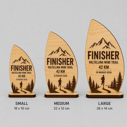 Trofeo Finisher onda Legno Personalizzato Gara Sportiva Corsa Trail | Premio Maratona budget Ecologico, Targa economica Incisa Laser