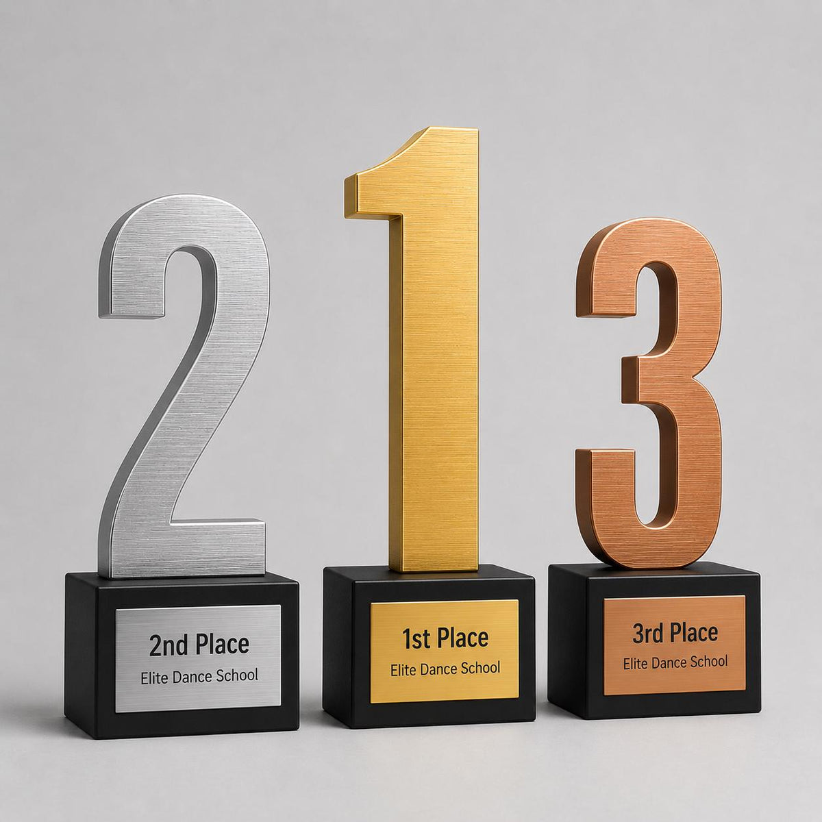 Trofeo set premio primo secondo e terzo posto - Premio di Design per Concorsi - Riconoscimento in stampa 3d con Base Nera Personalizzabile