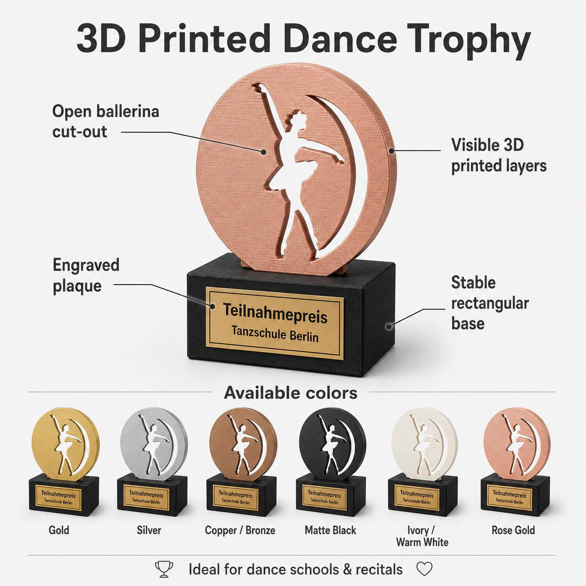 Trofeo Premio Silhouette Danza in Stampa 3D per Scuole di Ballo e Gare Nazionali Elegante Riconoscimento Personalizzabile con Nome Evento