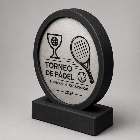 Trofeo Padel Personalizzato - Premio Torneo Padel Design Circolare - Targa Effetto Acciaio Spazzolato Incisa a Laser - Gadget Regalo