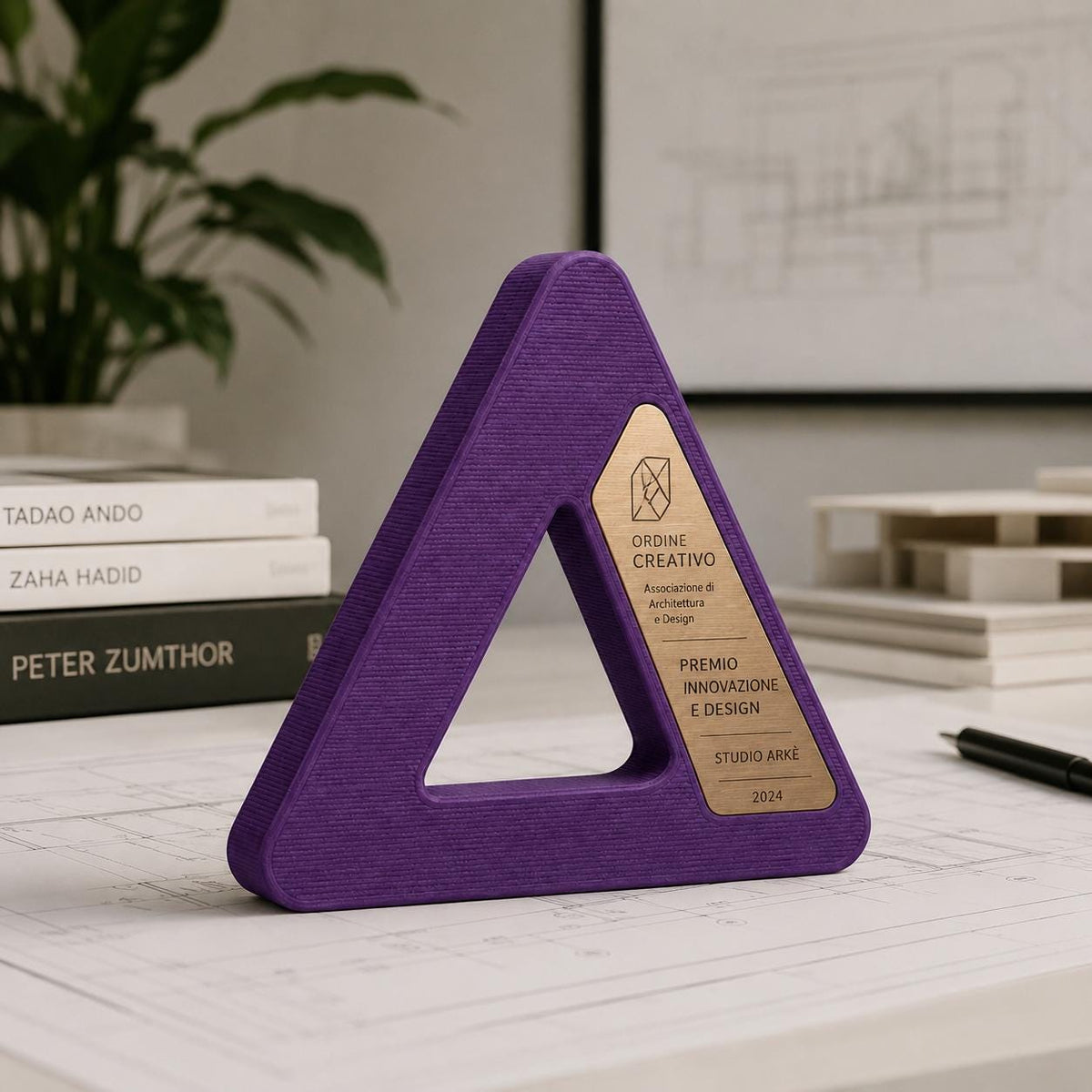 Trofeo triangolare personalizzato stampato in 3D con placca incisa premio design arte architettura aziendale