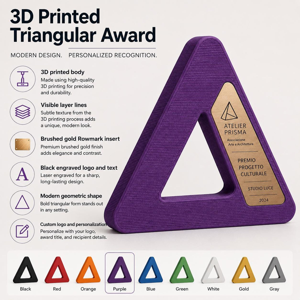 Trofeo triangolare personalizzato stampato in 3D con placca incisa premio design arte architettura aziendale