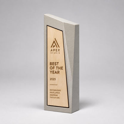 Trofeo Aziendale Personalizzato - Premio Monolite Minimalista Stampato 3D - Targa Verticale Incastonata in legno di pioppo incisa al laser