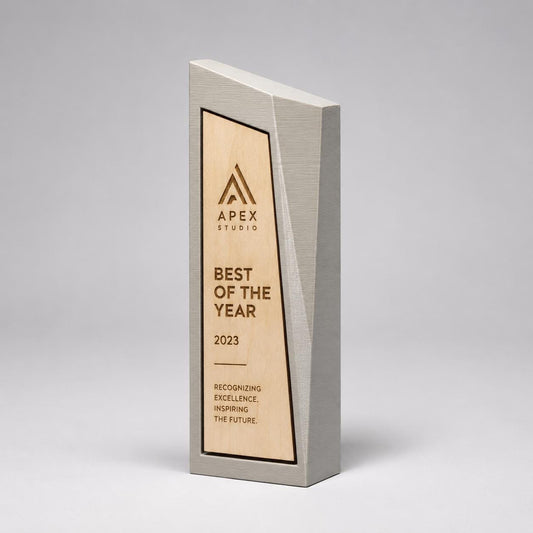 Trofeo Aziendale Personalizzato - Premio Monolite Minimalista Stampato 3D - Targa Verticale Incastonata in legno di pioppo incisa al laser