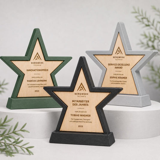 Trofeo Aziendale Personalizzato - Premio Monolite Minimalista Stampato 3D - Targa Verticale Incastonata in legno di pioppo incisa al laser