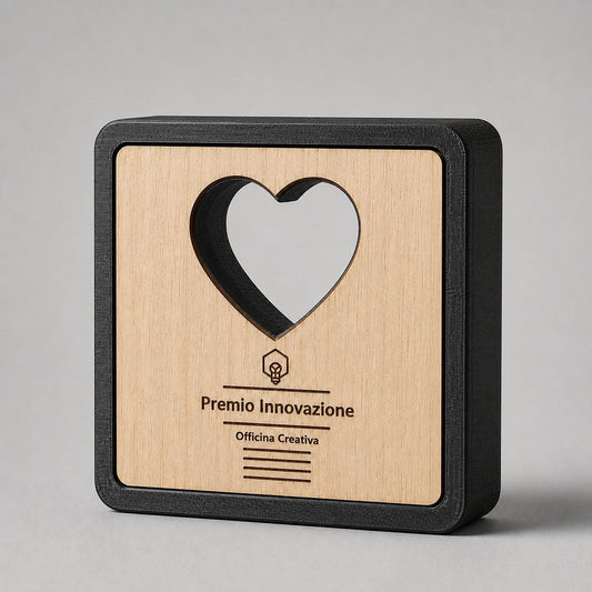 Trofeo Cuore Personalizzato Premio San Valentino e Anniversario Stampato 3D Targa Quadrata Legno di Pioppo Incisa a Laser - Regalo Romantico
