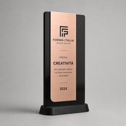 Trofeo Aziendale Personalizzato - Premio Rettangolare stretto in Plexiglas Lucido Base Nera Stampata 3D e Targa Asimmetrica Effetto Acciaio