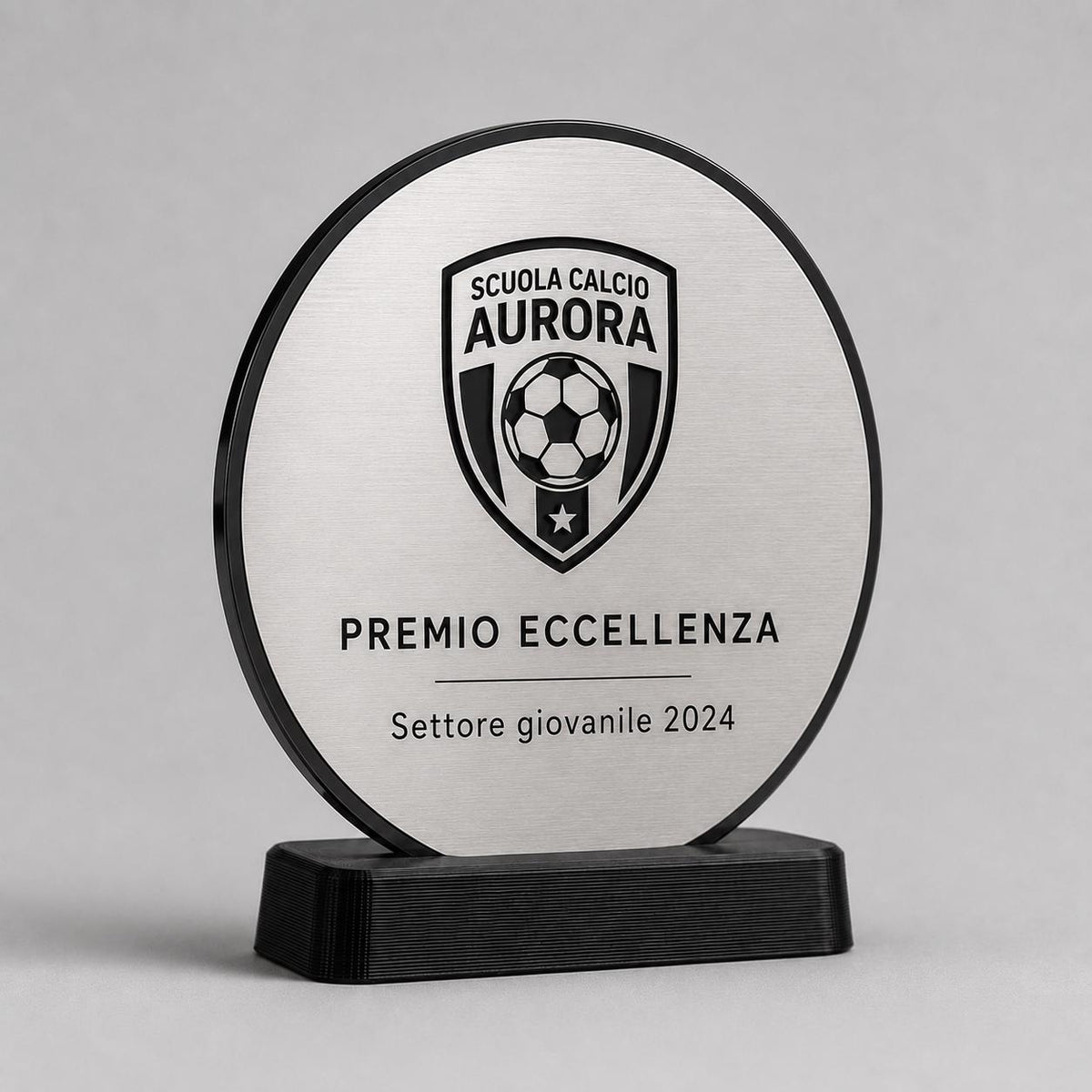 Trofeo Aziendale Personalizzato - Premio Rettangolare tondo in Plexiglas Lucido Base Nera Stampata 3D e Targa Asimmetrica Effetto Acciaio