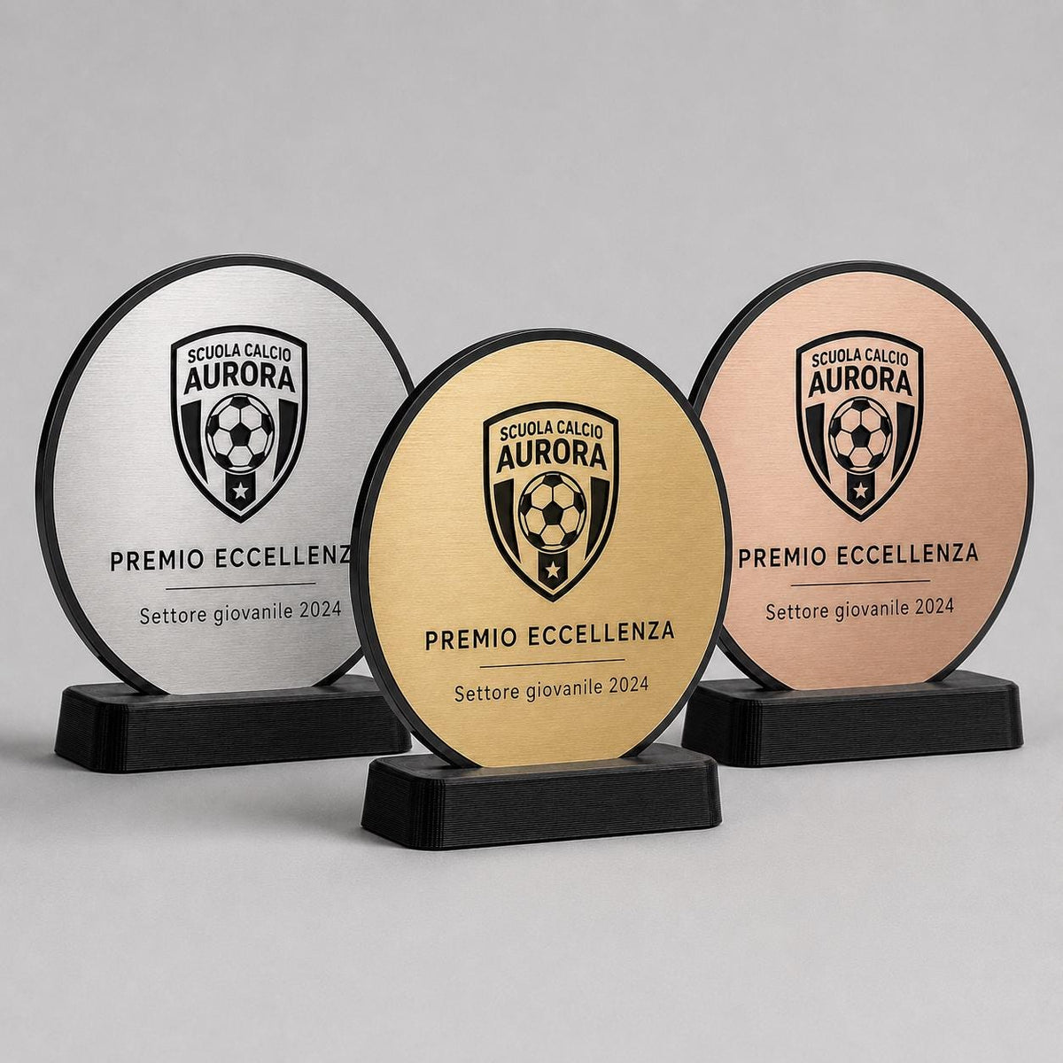 Trofeo Aziendale Personalizzato - Premio Rettangolare tondo in Plexiglas Lucido Base Nera Stampata 3D e Targa Asimmetrica Effetto Acciaio