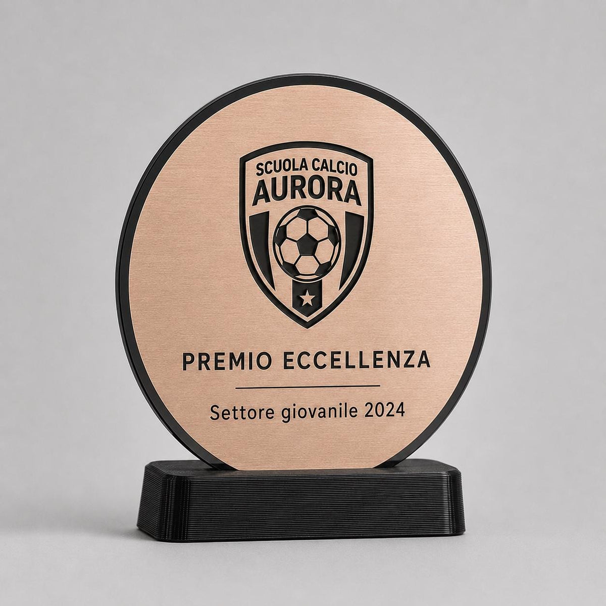 Trofeo Aziendale Personalizzato - Premio Rettangolare tondo in Plexiglas Lucido Base Nera Stampata 3D e Targa Asimmetrica Effetto Acciaio