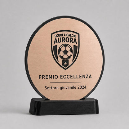 Trofeo Aziendale Personalizzato - Premio Rettangolare tondo in Plexiglas Lucido Base Nera Stampata 3D e Targa Asimmetrica Effetto Acciaio