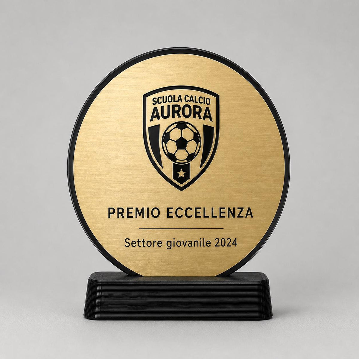 Trofeo Aziendale Personalizzato - Premio Rettangolare tondo in Plexiglas Lucido Base Nera Stampata 3D e Targa Asimmetrica Effetto Acciaio