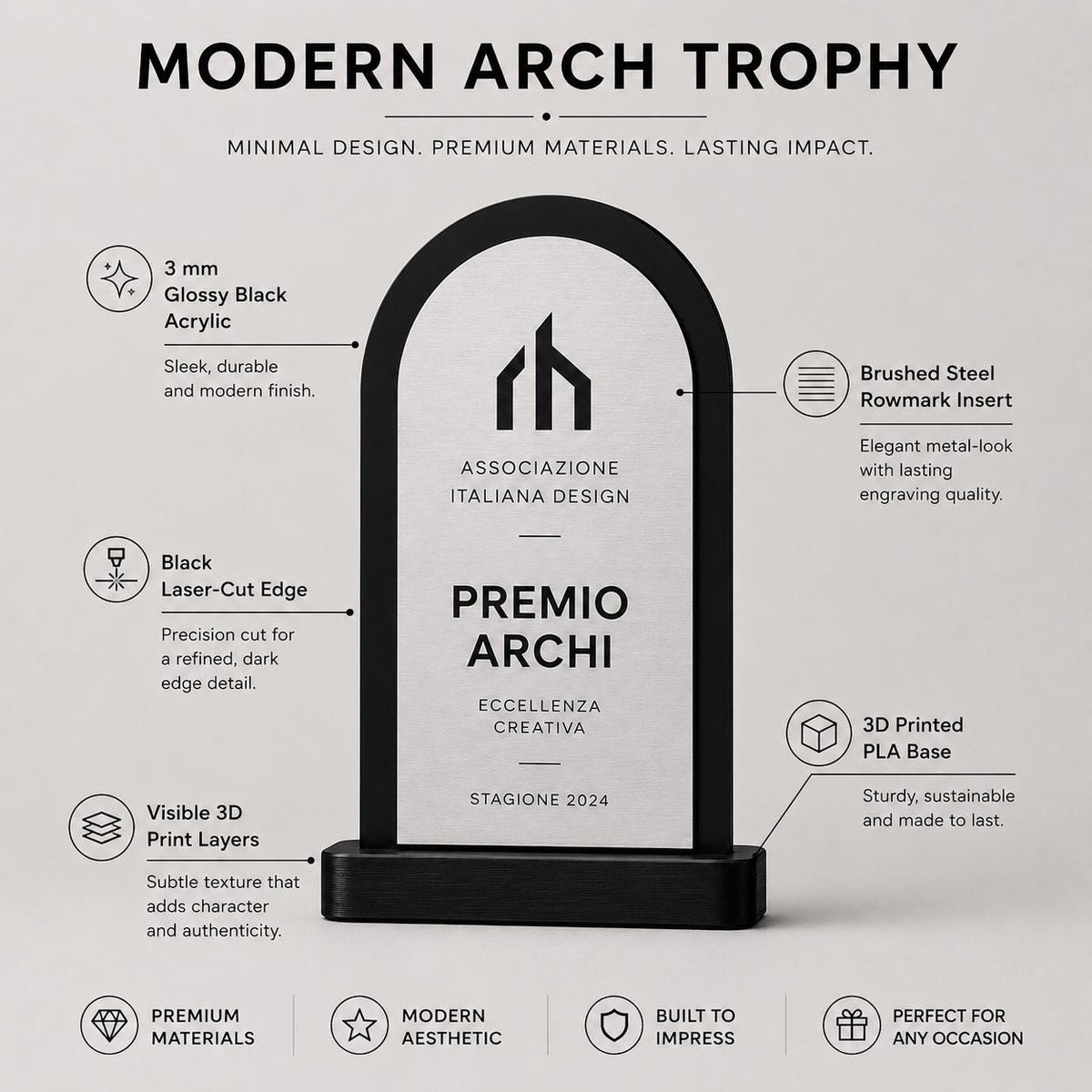 Trofeo Aziendale Personalizzato - Premio arco in Plexiglas Lucido Base Nera Stampata 3D e Targa vela Effetto Acciaio