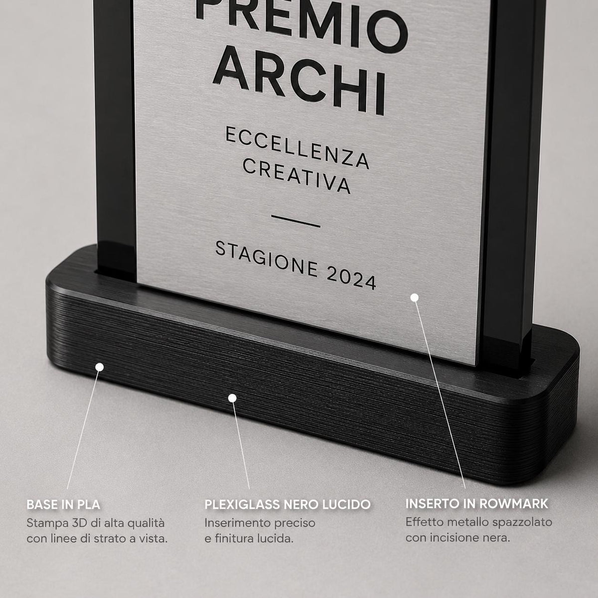 Trofeo Aziendale Personalizzato - Premio arco in Plexiglas Lucido Base Nera Stampata 3D e Targa vela Effetto Acciaio
