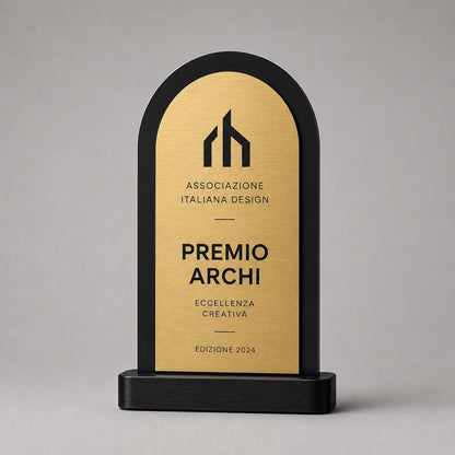 Trofeo Aziendale Personalizzato - Premio arco in Plexiglas Lucido Base Nera Stampata 3D e Targa vela Effetto Acciaio