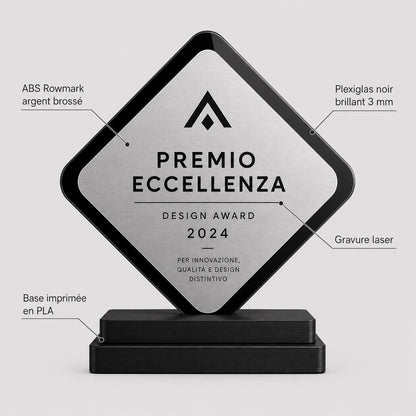 Targa Aziendale rombo Personalizzato - Targa in Plexiglas Lucido Base Nera Stampata 3D Effetto Acciaio