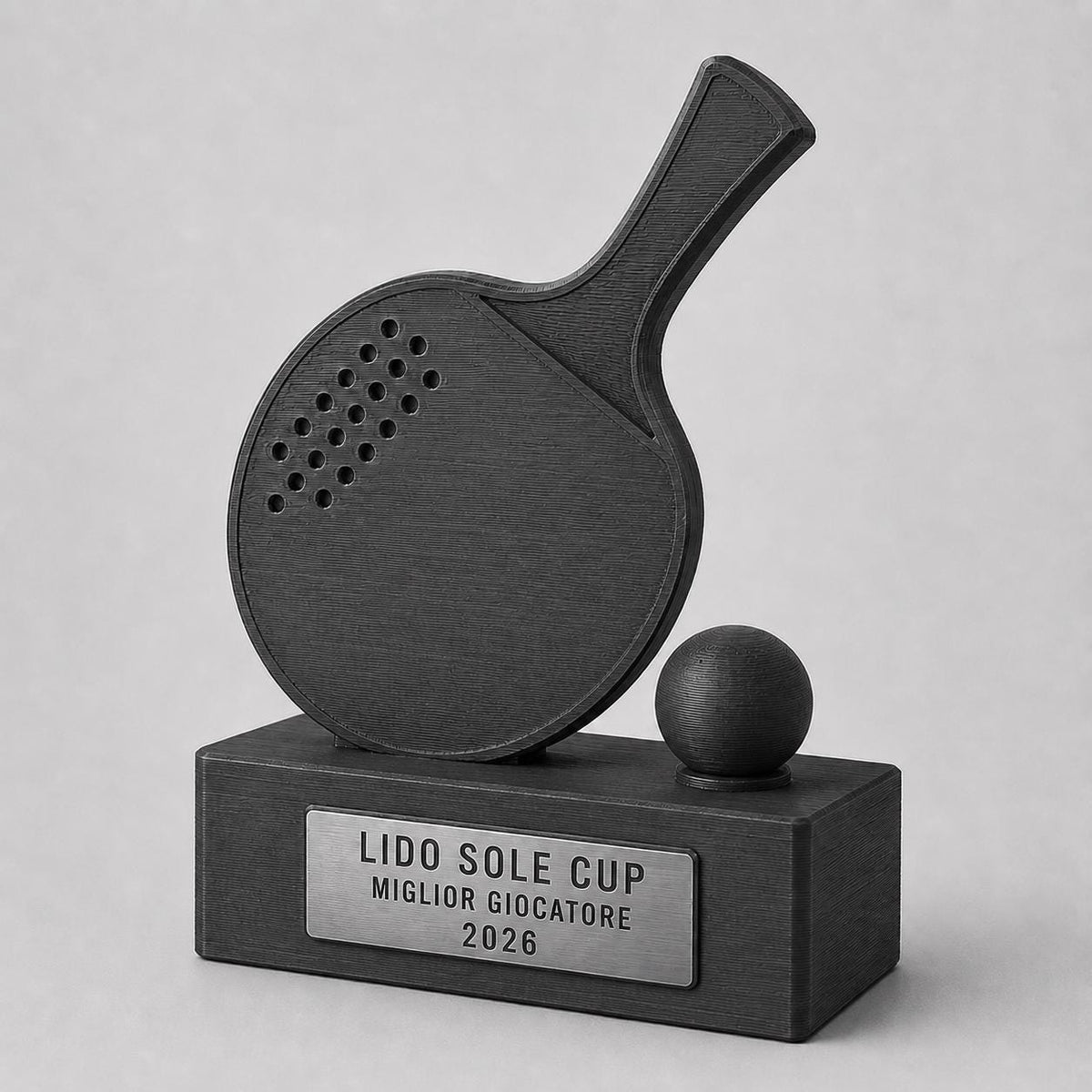 Trofeo ping pong personalizzato con racchetta, pallina e targhetta incisa