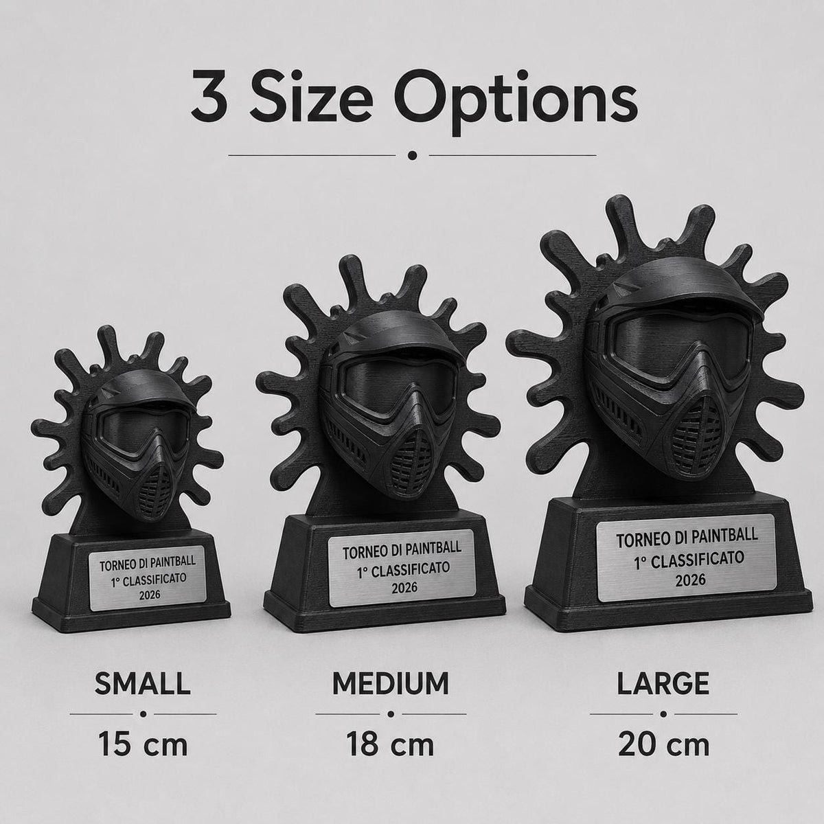 Trofeo Paintball Personalizzato - Statuetta Maschera e Schizzo di Vernice Stampata - Base con Targa Effetto Acciaio Spazzolato Incisa