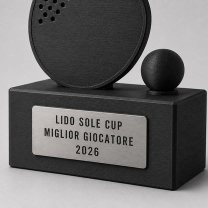 Trofeo ping pong personalizzato con racchetta, pallina e targhetta incisa