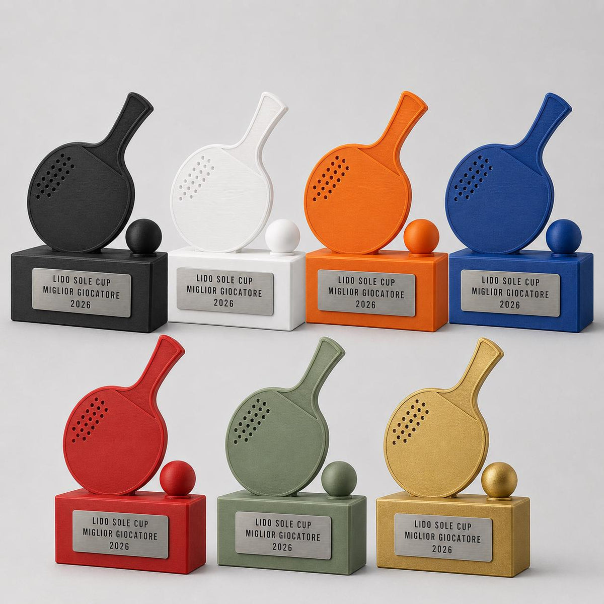 Trofeo ping pong personalizzato con racchetta, pallina e targhetta incisa