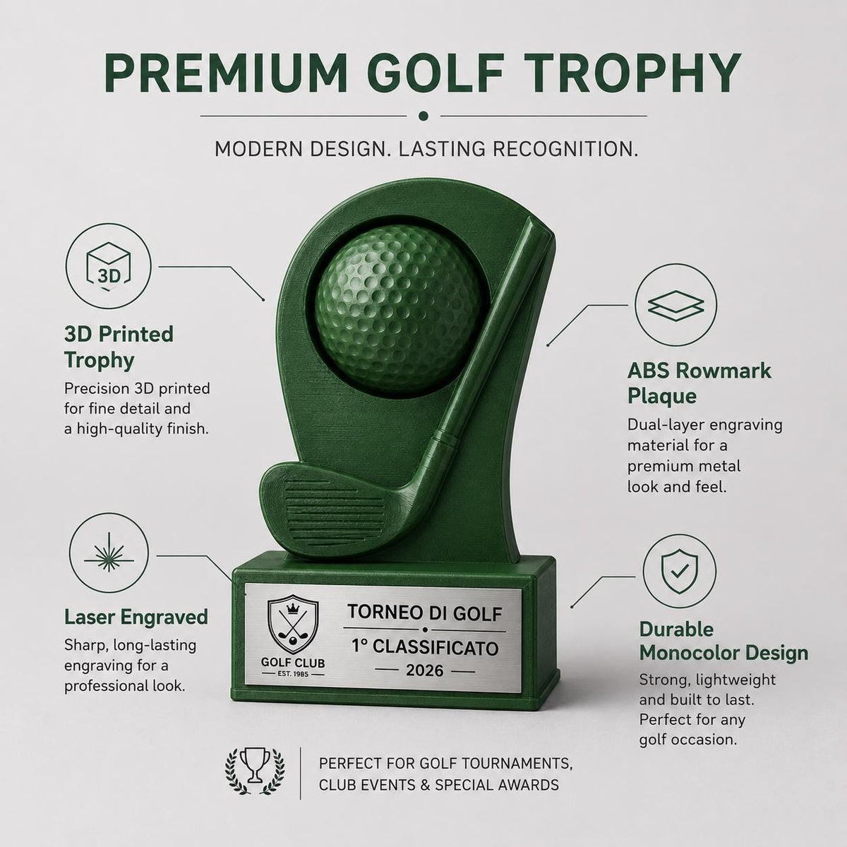 Trofeo Golf Personalizzato - Statuetta Mazza e Pallina Stampata 3D e Acciaio Spazzolato Premio Torneo e Campionato Golf Club 2026