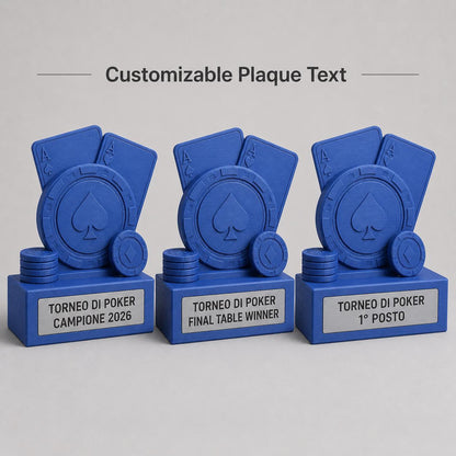 Trofeo Poker Personalizzato - Statuetta Fiche e Assi Stampata 3D - Base Targa Acciaio Spazzolato Incisa a Laser Premio Torneo Texas Hold'em