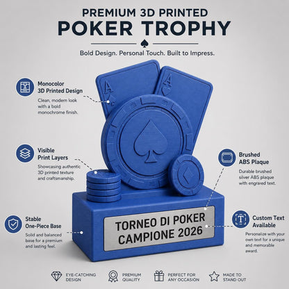 Trofeo Poker Personalizzato - Statuetta Fiche e Assi Stampata 3D - Base Targa Acciaio Spazzolato Incisa a Laser Premio Torneo Texas Hold'em