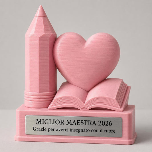 Trofeo Regalo Maestra Personalizzato - Statuetta Matita Cuore e Libro Stampata 3D- Premio Regalo Fine Anno Scolastico 2026
