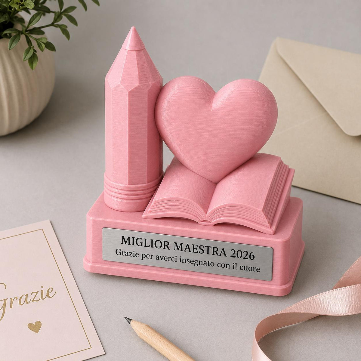 Trofeo Regalo Maestra Personalizzato - Statuetta Matita Cuore e Libro Stampata 3D- Premio Regalo Fine Anno Scolastico 2026