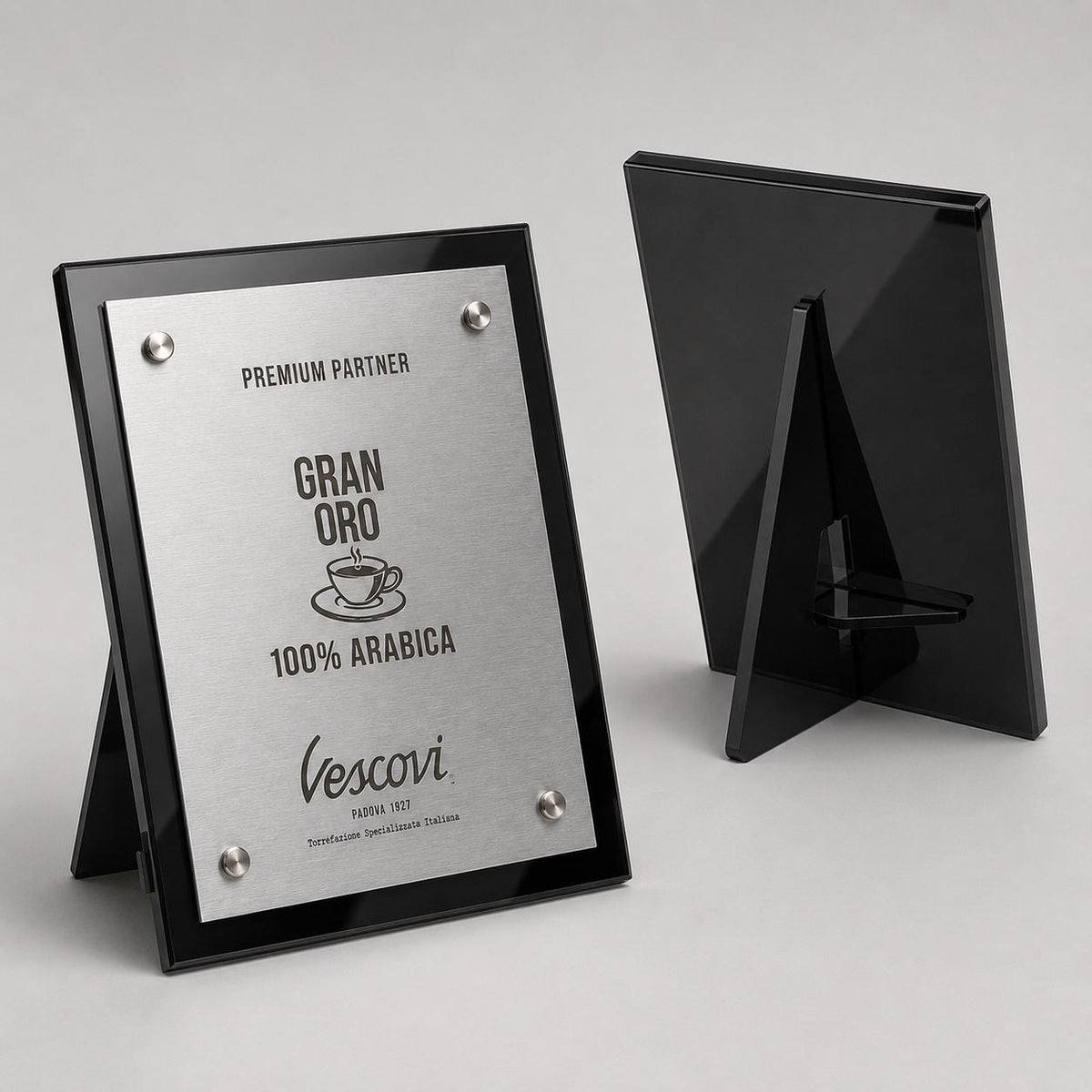 Targa Espositore Premium Partner Personalizzata Piastra Effetto oro rosa Spazzolato con Borchie Cromate - Insegna da Banco per Bar e Negozi