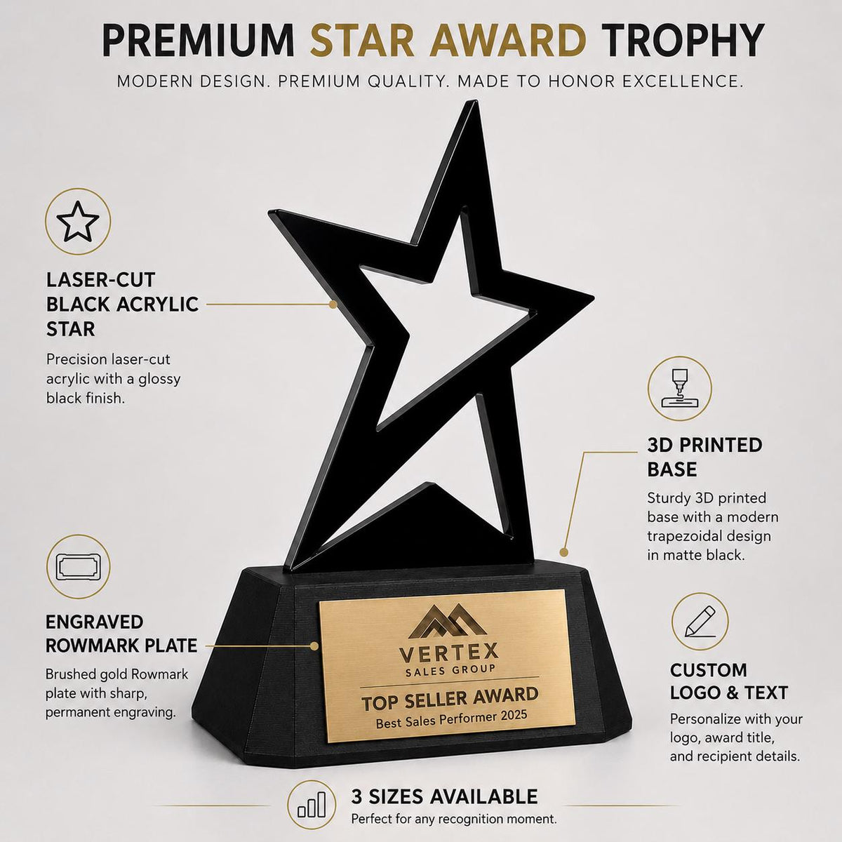 Trofeo personalizzato stella in plexiglass inciso, premio con logo su base PLA 3D, targa award per sport eventi aziende base colorata