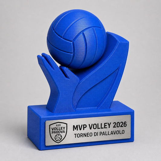 Trofeo Pallavolo Personalizzato - Statuetta Volley MVP Stampata 3D Blu Base con Targa Effetto Acciaio Premio Torneo e Miglior Giocatore 2026