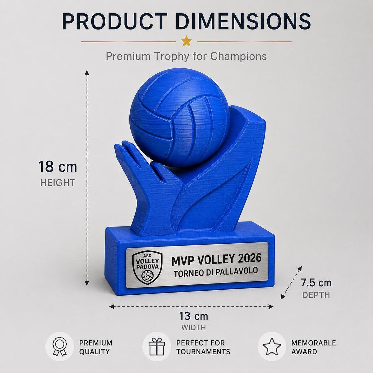 Trofeo Pallavolo Personalizzato - Statuetta Volley MVP Stampata 3D Blu Base con Targa Effetto Acciaio Premio Torneo e Miglior Giocatore 2026