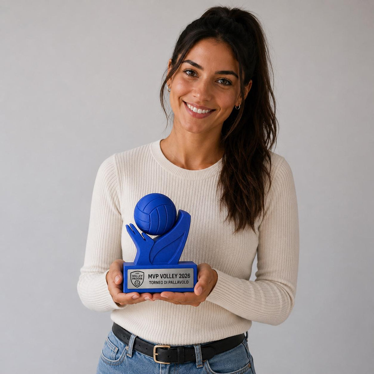 Trofeo Pallavolo Personalizzato - Statuetta Volley MVP Stampata 3D Blu Base con Targa Effetto Acciaio Premio Torneo e Miglior Giocatore 2026