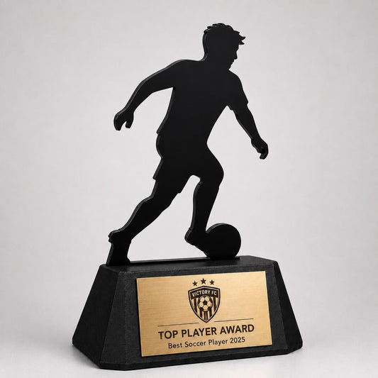 Trofeo Calcio Personalizzato - Statuetta Sagoma Calciatore in Plexiglas Nero - Base3D con Targa Oro Spazzolato- Premio Miglior Giocatore MVP
