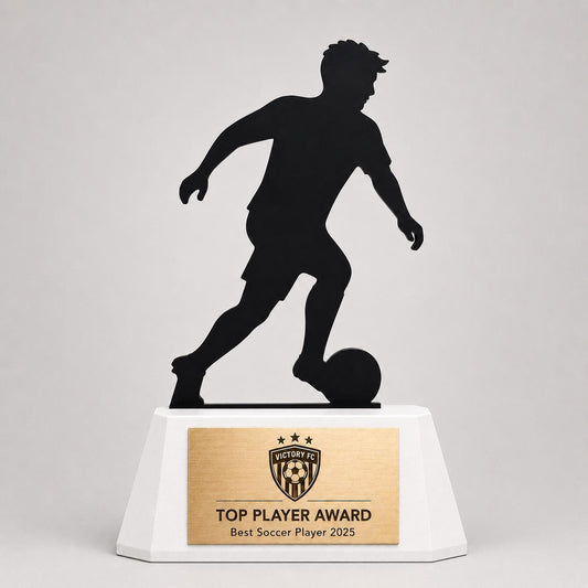 Trofeo Calcio Personalizzato - Statuetta Sagoma Calciatore in Plexiglas Nero - Base3D con Targa Oro Spazzolato- Premio Miglior Giocatore MVP