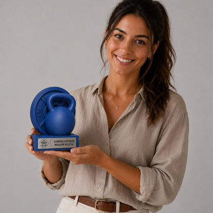 Trofeo Fitness Personalizzato - Statuetta Kettlebell e Disco ghisa Stampata 3D Blu Premio Gara Crossfit e Bodybuilding 2026