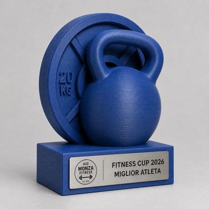 Trofeo Fitness Personalizzato - Statuetta Kettlebell e Disco ghisa Stampata 3D Blu Premio Gara Crossfit e Bodybuilding 2026