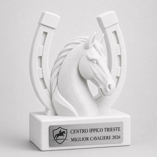 Trofeo equitazione personalizzato in stampa 3D, premio cavallo, equestrian trophy, award ippica, targa ABS effetto acciaio, trofeo pla