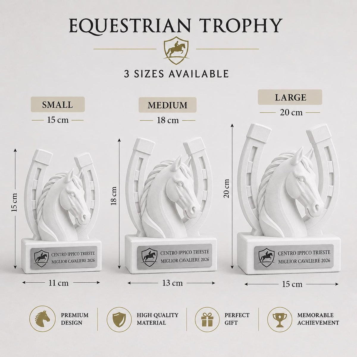 Trofeo equitazione personalizzato in stampa 3D, premio cavallo, equestrian trophy, award ippica, targa ABS effetto acciaio, trofeo pla