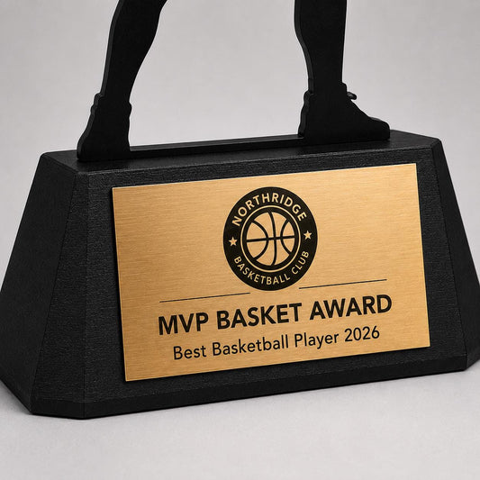 Trofeo Basket Personalizzato - Statuetta Sagoma Basketball player in Plexiglas Nero - Base3D con Targa Premio Miglior Giocatore MVP