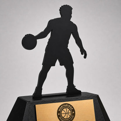 Trofeo Basket Personalizzato - Statuetta Sagoma Basketball player in Plexiglas Nero - Base3D con Targa Premio Miglior Giocatore MVP