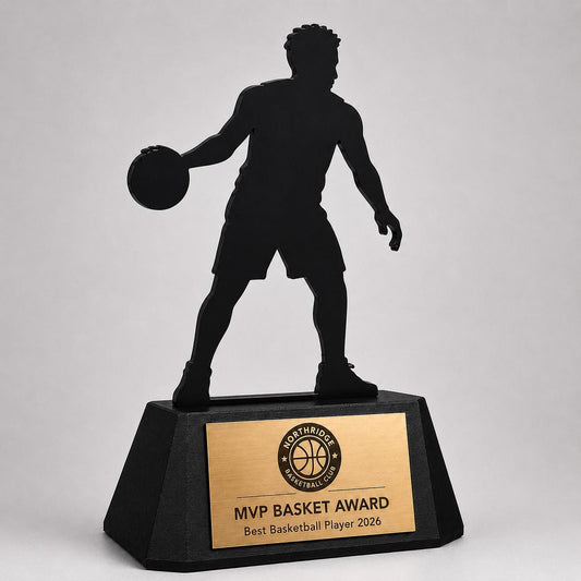 Trofeo Basket Personalizzato - Statuetta Sagoma Basketball player in Plexiglas Nero - Base3D con Targa Premio Miglior Giocatore MVP